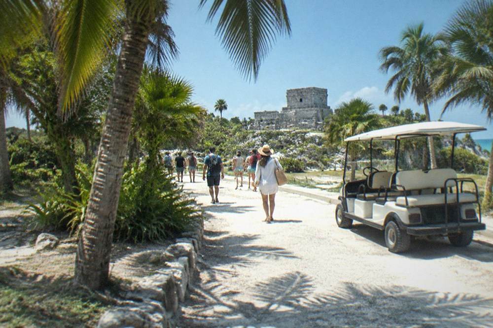 Palm-lined walkway between the parking area and the Tulum ruins entrance gate