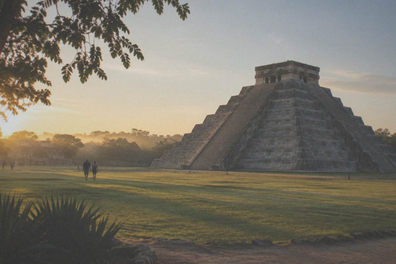 The stepped stone pyramid of El Castillo rising above mown grass under a bright sky