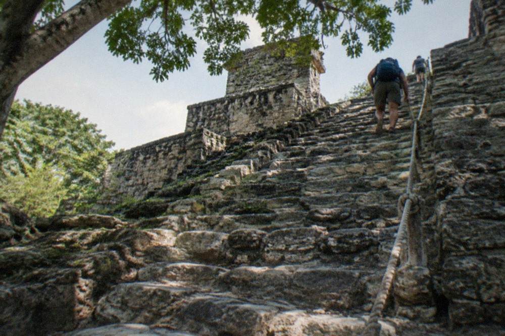 The stone steps and rope line rising up the side of the Acropolis at Ek Balam