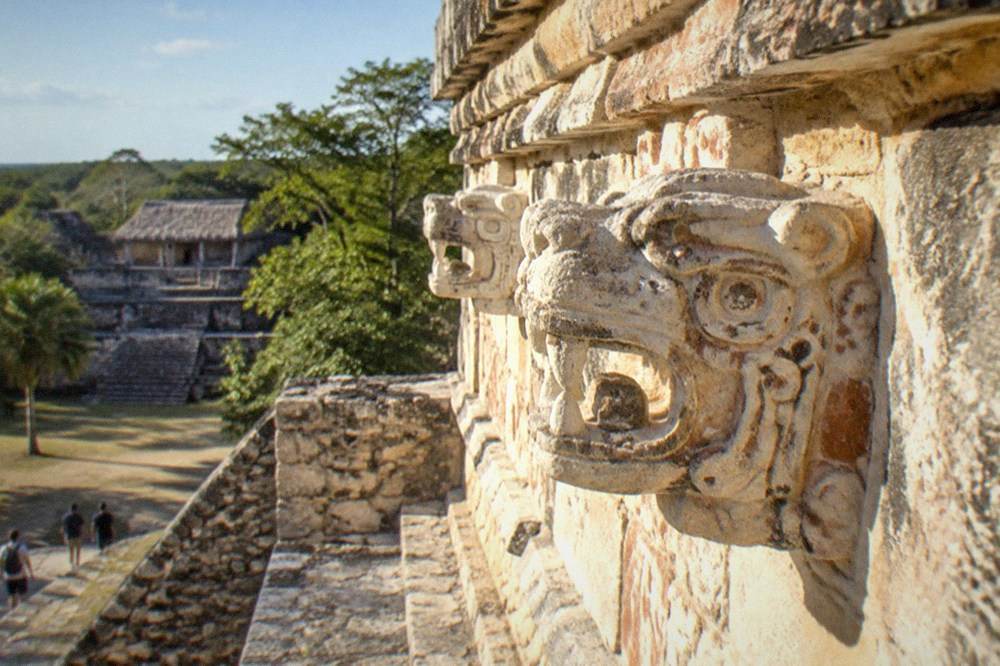 Carved stucco decoration on the Acropolis facade at Ek Balam seen from the stairs