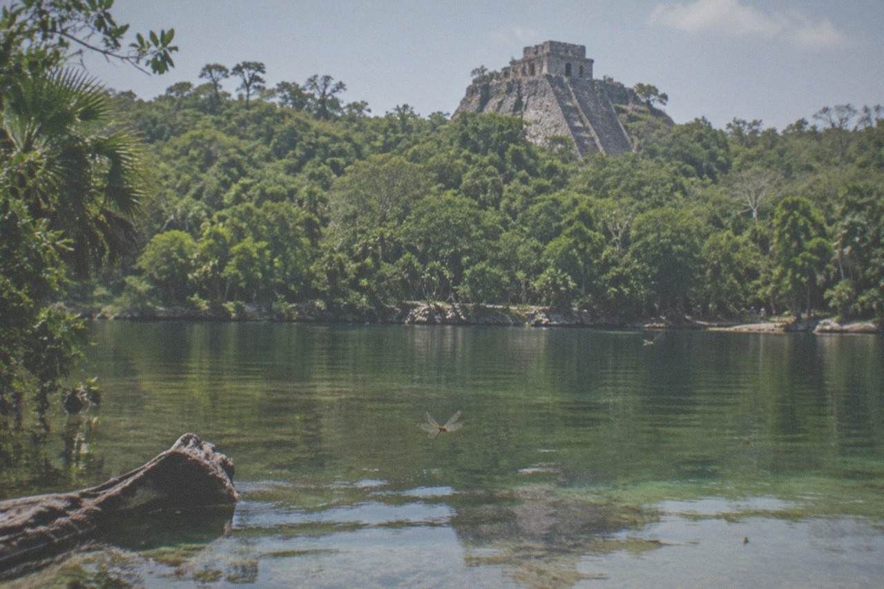 Stone pyramid rising above dense jungle canopy under a bright sky