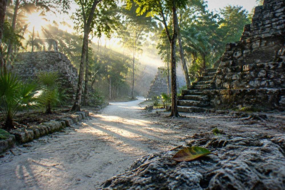Early morning light on jungle paths between structure groups at Coba