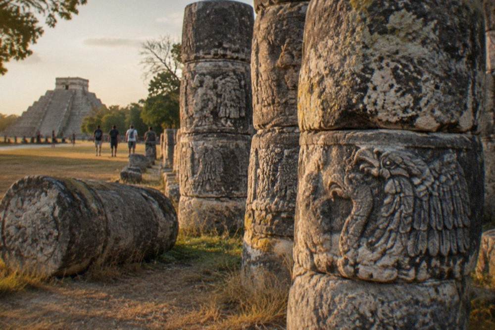 Stone column carvings at the Temple of the Warriors under open sky