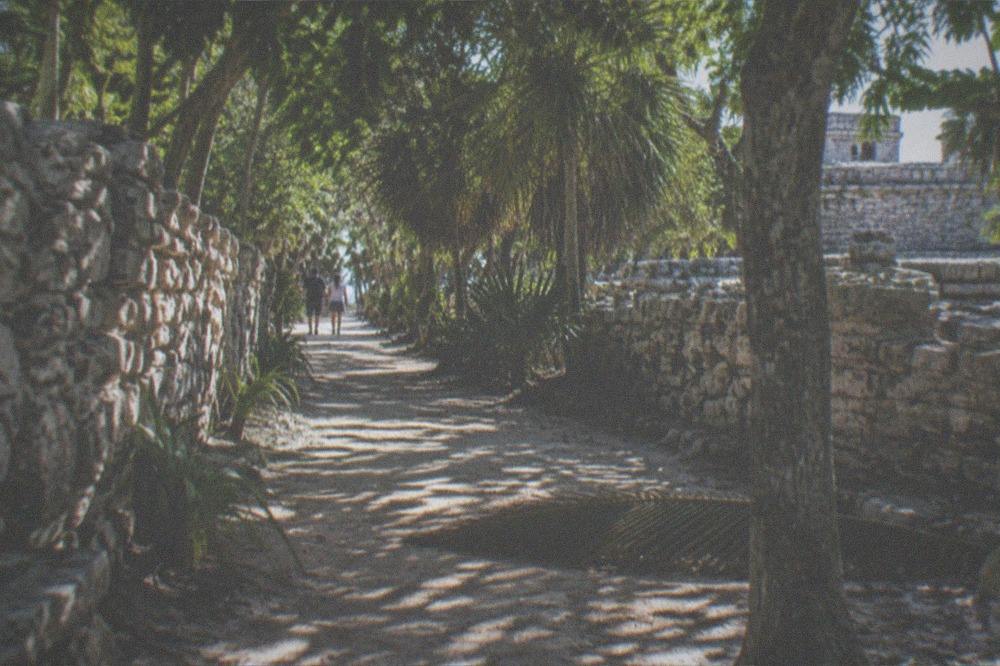 A shaded path with stone ruins and jungle canopy inside the Tulum site
