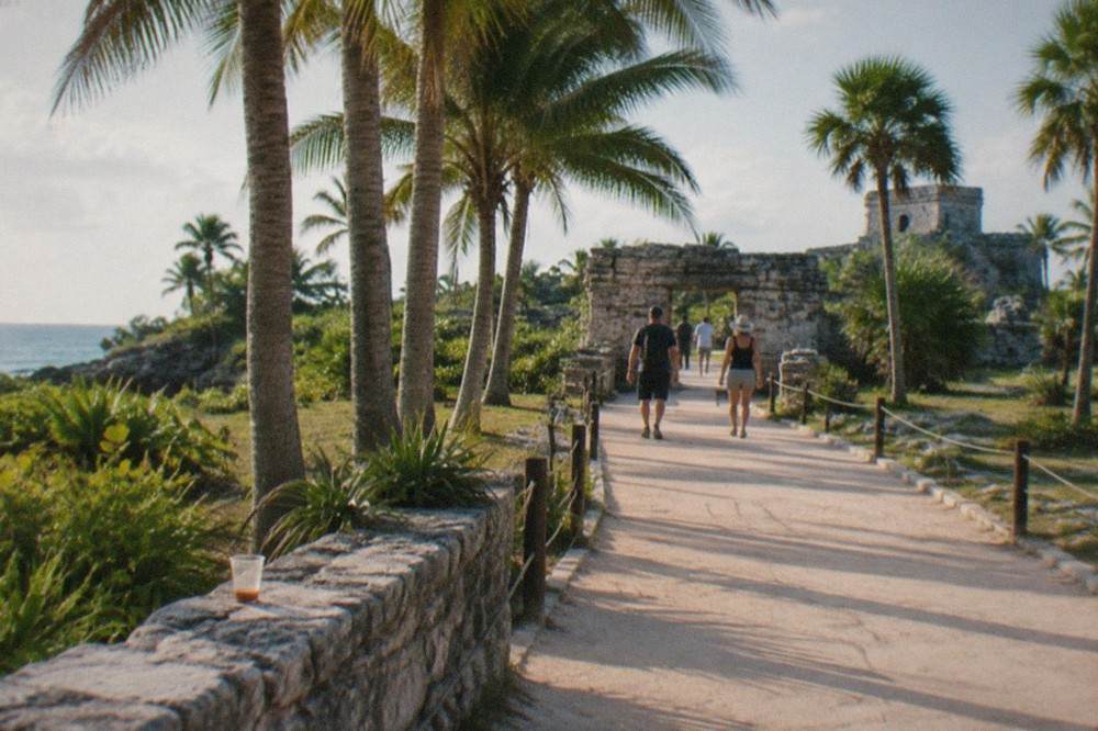 A paved palm-lined walkway leading toward the entrance of the Tulum archaeological zone