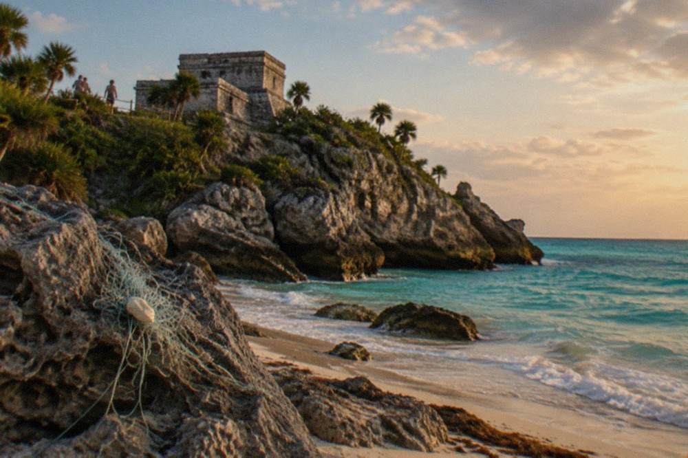 A stone Maya temple platform overlooking turquoise Caribbean water from a cliff edge