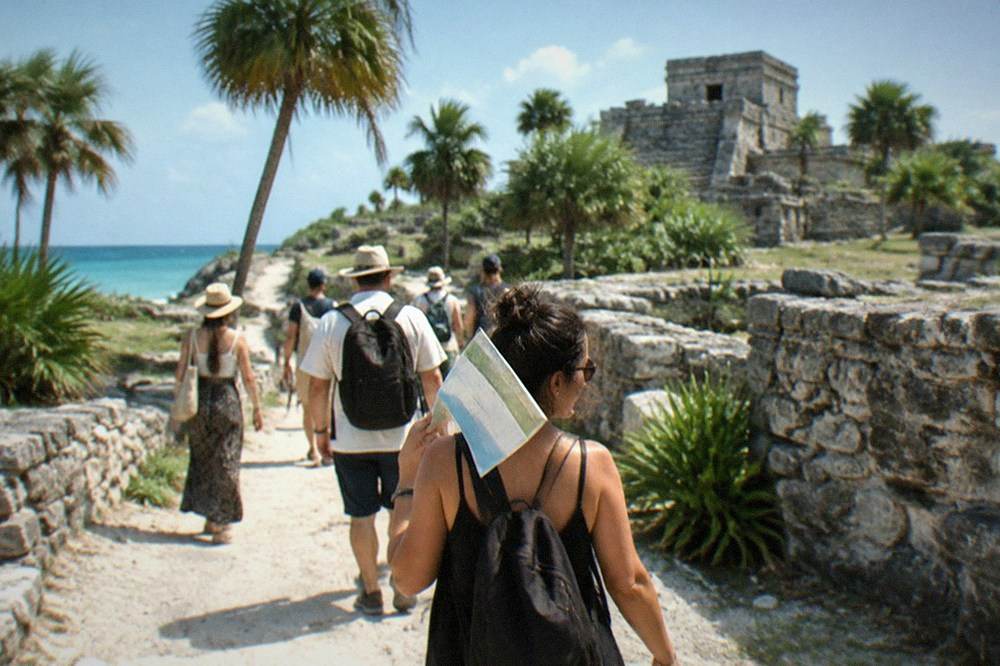 A guided group walking a paved path between low stone ruins walls under palm trees