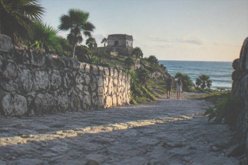 A quiet stone pathway through a Maya archaeological site in morning light