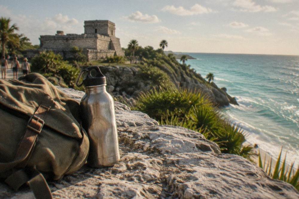 A day bag and water bottle resting on a stone wall above the Caribbean at the Tulum ruins