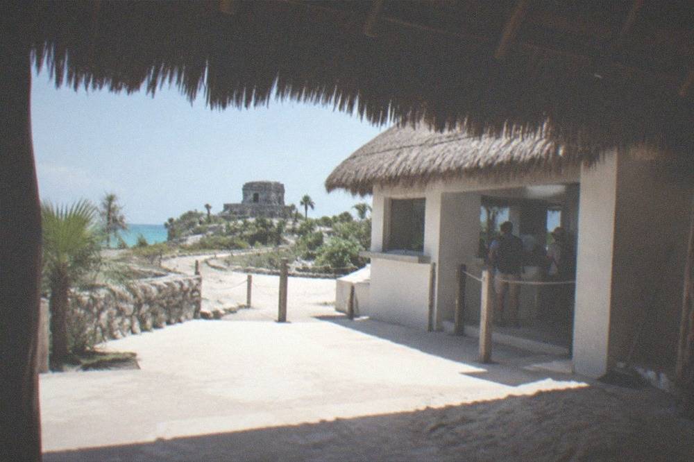 A shaded ticket area near the entrance of the Tulum archaeological zone